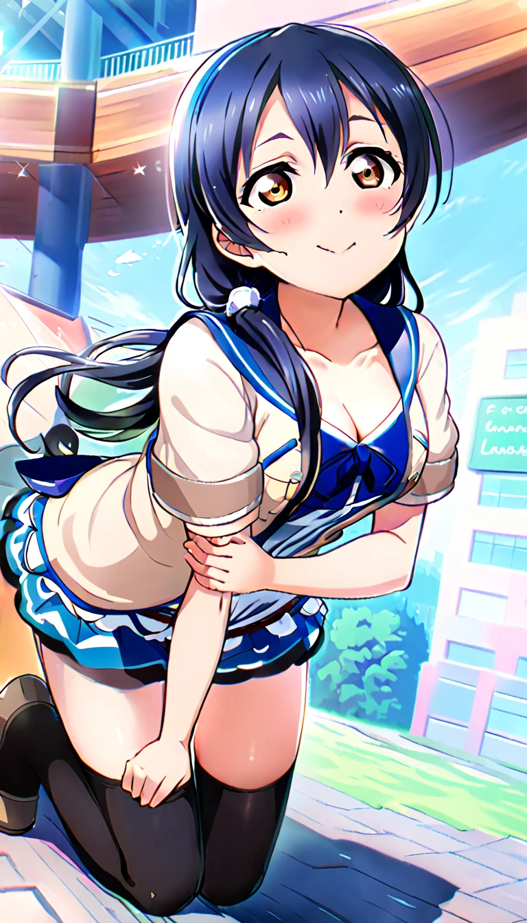 18-year-old mature woman, Umi Sonoda, full body, dressed for going out in the city in midsummer, hands on knees, leaning forward and looking up at the viewer, slightly flushed cheeks, medium chest, cleavage visible, id_umi_sonoda, city background, 8k