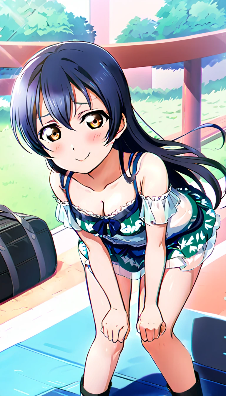 18-year-old mature woman, Umi Sonoda, full body, dressed for going out in the city in midsummer, hands on knees, leaning forward and looking up at the viewer, slightly flushed cheeks, medium chest, cleavage visible, id_umi_sonoda, city background, 8k