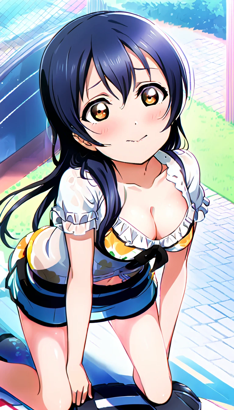 18-year-old mature woman, Umi Sonoda, full body, dressed for going out in the city in midsummer, hands on knees, leaning forward and looking up at the viewer, slightly flushed cheeks, medium chest, cleavage visible, id_umi_sonoda, city background, 8k