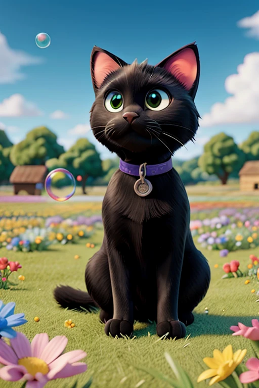 Soap bubble　Black cat　Flower Field　colorful　Breeze　grassland