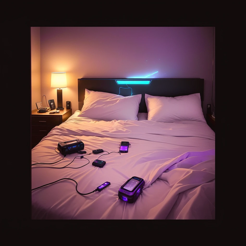 there is a bed with a white sheet and a phone on it, cyberpunk bedroom at night, dimly lit bedroom, dim bedroom, cozy bed, messy bed, 3am, 3 am, bed, in a bedroom, dark bedroom, purple ambient light, ghostly teenager bedroom, room with eerie feeling, cyberpunk teenager bedroom, good night, purple leather dungeon bedroom