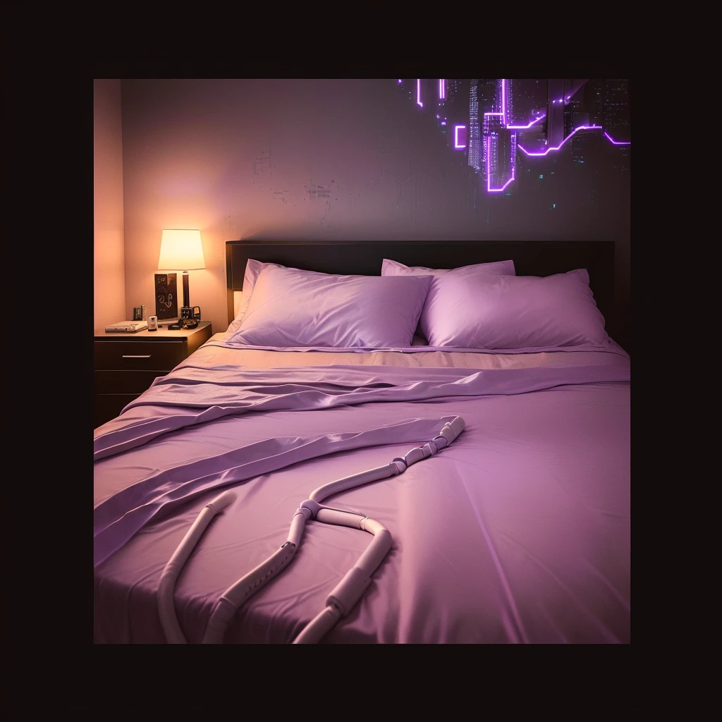 there is a bed with a white sheet and a phone on it, cyberpunk bedroom at night, dimly lit bedroom, dim bedroom, cozy bed, messy bed, 3am, 3 am, bed, in a bedroom, dark bedroom, purple ambient light, ghostly teenager bedroom, room with eerie feeling, cyberpunk teenager bedroom, good night, purple leather dungeon bedroom