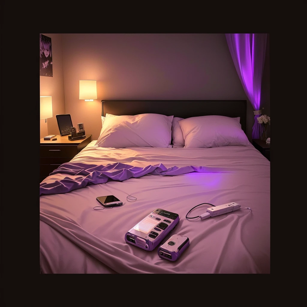 there is a bed with a white sheet and a phone on it, cyberpunk bedroom at night, dimly lit bedroom, dim bedroom, cozy bed, messy bed, 3am, 3 am, bed, in a bedroom, dark bedroom, purple ambient light, ghostly ager bedroom, room with eerie feeling, cyberpunk teen bedroom, good night, purple leather dungeon bedroom