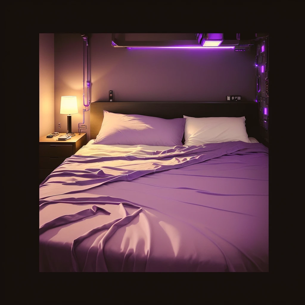 there is a bed with a white sheet and a phone on it, cyberpunk bedroom at night, dimly lit bedroom, dim bedroom, cozy bed, messy bed, 3am, 3 am, bed, in a bedroom, dark bedroom, purple ambient light, ghostly ager bedroom, room with eerie feeling, cyberpunk teen bedroom, good night, purple leather dungeon bedroom