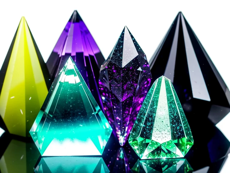 background is very black and dark, no humans, still life, 
(Over 20 colorfull crystals are embedded in 1 ore), 
(the crystal color are red, bule, yellow, gold, silver, pink, grenn, orange, emerald green, clear white, dark green, light blue and purple.)
glass-like transparent crystals, sparkling crystals like diamond, elongated crystals:1.6, (very realistic crystals), 
Fine reflections and structures can be seen inside the crystals, crystals has many cutting edge:0.8,
the most bottom part of the ore is conformed from 10 black crystals, the ore is prickly and rugged,clear image,