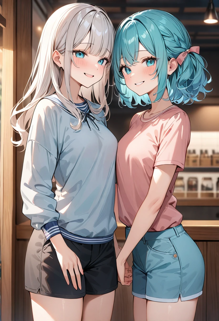 (masterpiece, top quality, very aesthetic, 4k、illustration), intricate detail, 2girls,Standing 、(cowboy shot)、smile、()、yuri,
Cute 、Random Hair Color、,middle hair,sidelock ,aqua eyes Color、Casual attire、small breasts、Slim 、