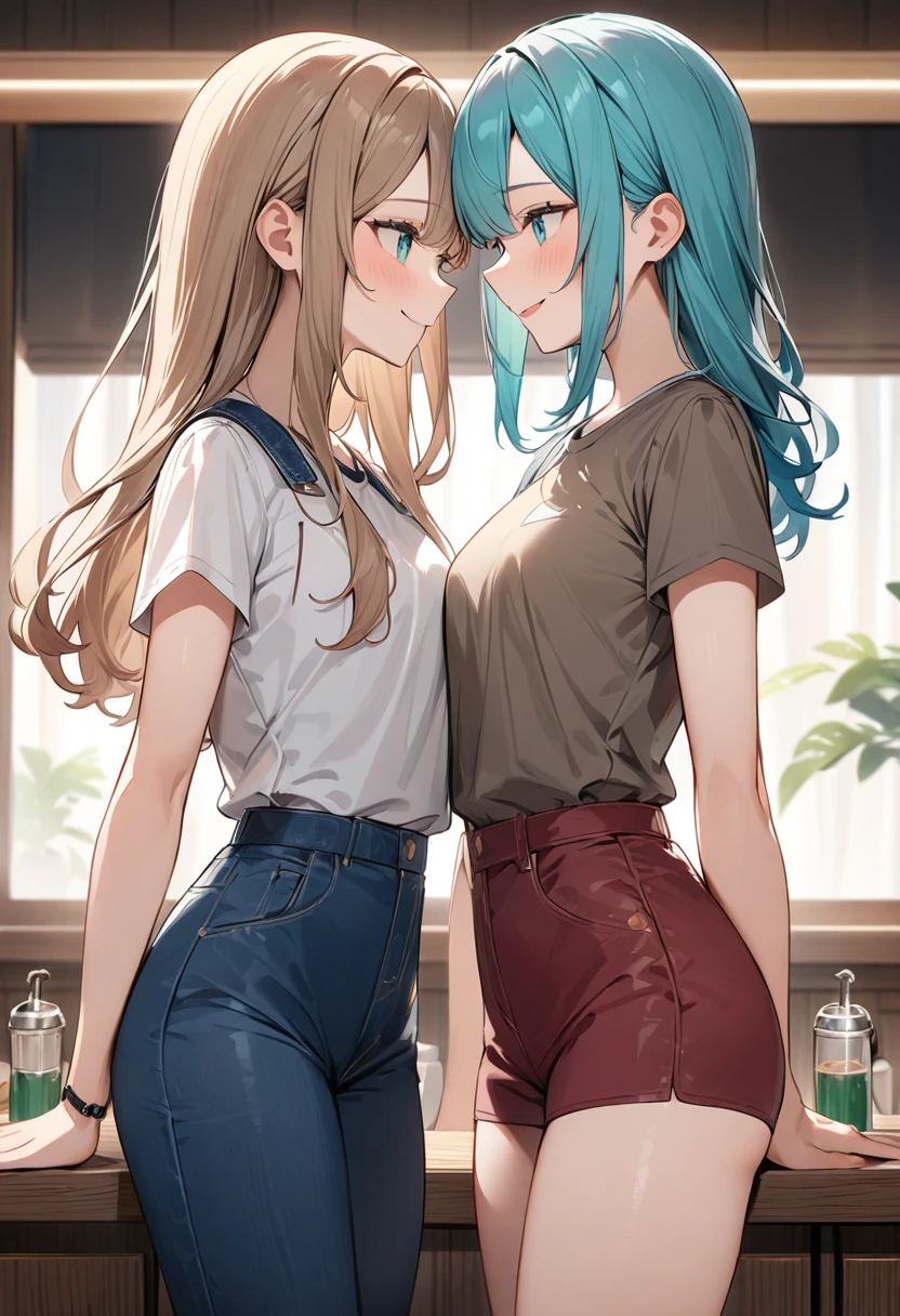 (masterpiece, top quality, very aesthetic, 4k、illustration), intricate detail, 2girls,Standing 、(cowboy shot)、smile、()、yuri,
Cute 、Random Hair Color、,middle hair,sidelock ,aqua eyes Color、Casual attire、small breasts、Slim 、