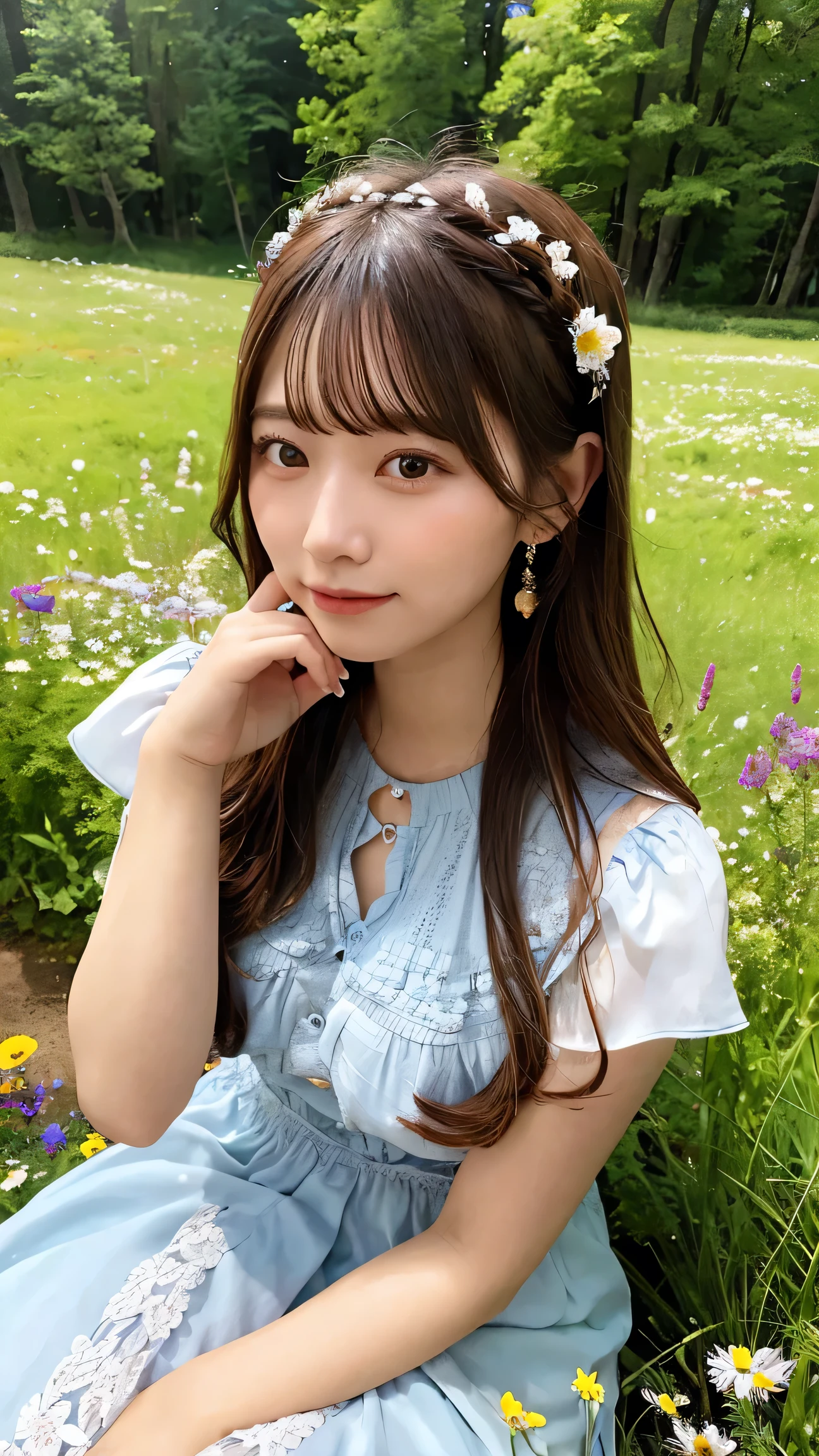 A mesmerizing woman in a flowing, bohemian dress, sitting in a meadow filled with wildflowers. She has a peaceful expression, surrounded by nature's beauty.