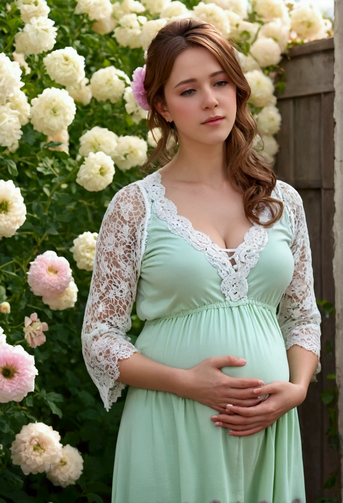 (masterpiece), (portrait), (beautiful), (beautiful), (Upper body), (high quality), (beautiful clothings), (Professional angle), (Rule of thirds), (feminine), (woman), (woman), (beautiful),(Feminine characteristics), (21 years), alone, 1 woman, (Charming Italians), spring, (shower of petals), (afternoon), (soft light), (()), (hand with outstretched arm), ((positive face)), ((romantic)), (Soft Make-up), (moderate bust), (necklace), ((medium hair)), (light brown hair), (straight hair), (elegant updo), (Corolla in the hair), (closed my eyes), (green eyes), (nice look), Fair skin, (delicate lace clothes), (lace dress), (cardigan), (skirt ), (V neck neckline), ((flower garden background)), (full shot shot), pregnant, big belly bump, huge breasts.