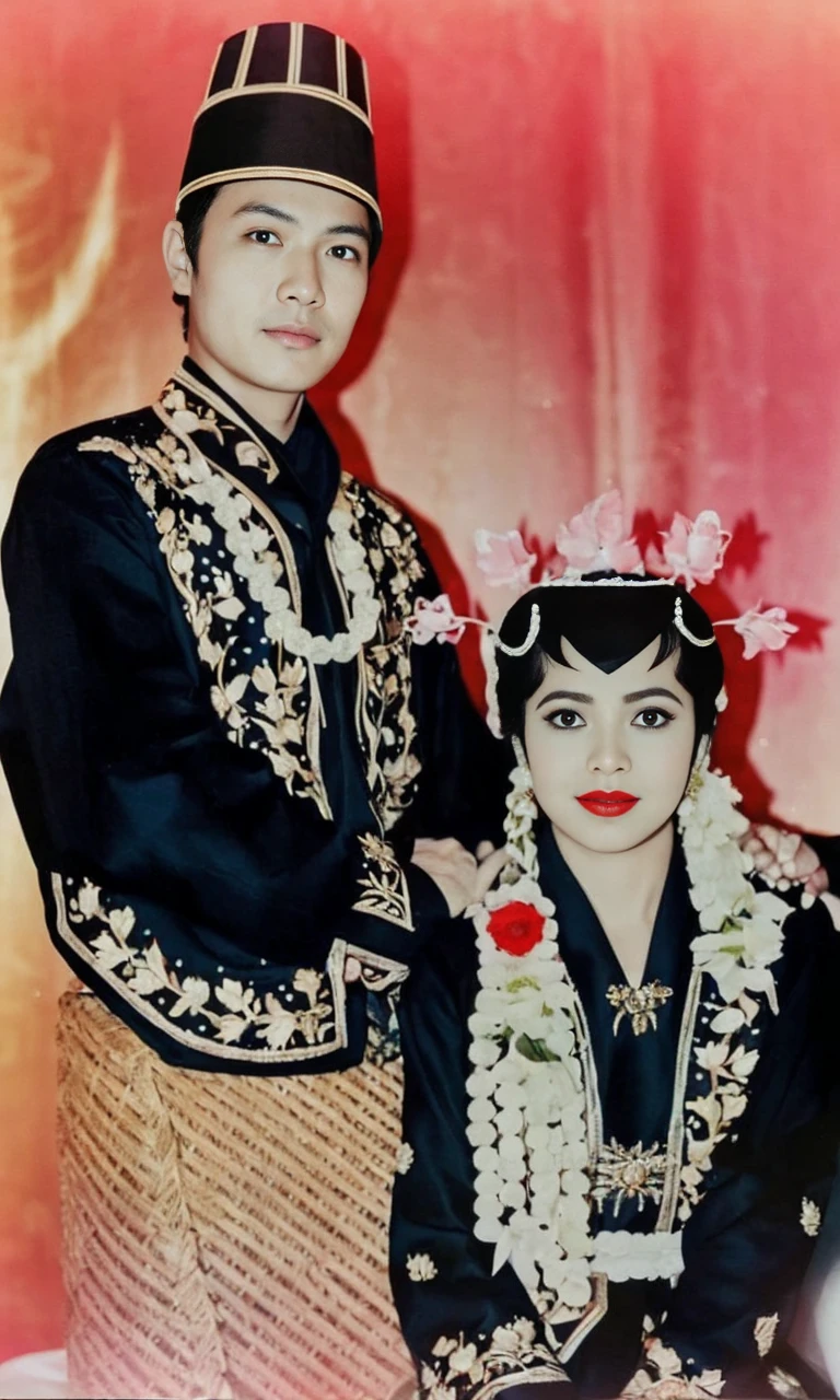  The image shows two men and a woman dressed in traditional Indonesia attire, seated in front of a vibrant background.