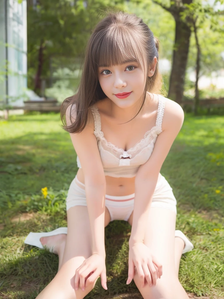 italian woman in alafe sitting on the ground with legs crossed, red lips,pretty face with arms and legs, Korean Girl, chiho, young and cute girl, the anime girl is crouching, Round thighs, Casual pose, Young Pretty Gravure Idol, 19-year-old girl, Sitting on the ground, Engaging pose, Young Gravure Idol, a cute young girl、white color panties、pantie shot,A slight smil、high-heels