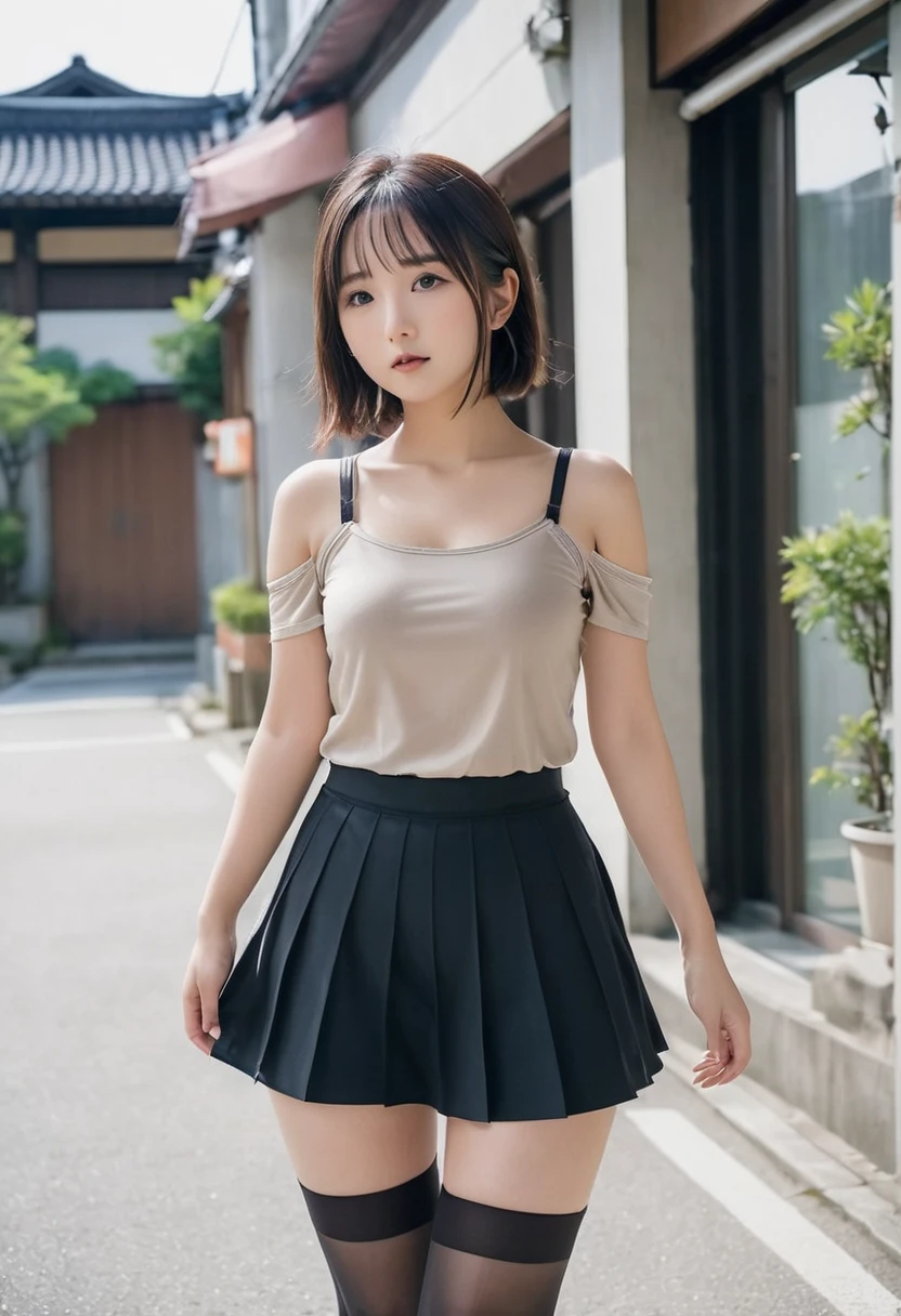 Japanese 20-year-old women、gravure、Full body projection、About fair skin、
Eye color is vermilion。
Eyes are large、lashes are long。
Eyebrows are thin。
hair is slightly longer than shoulders、
Silver Hair。
She has a single accessory in her hair。
Narrow shoulders and 155cm tall。
F cup breasts。
There is little muscle mass、A little meaty。
About Congestion、
Top is cold shoulder、
Pleated mini skirt underneath、
She is wearing black underwear and pantyhose, but her underwear is faintly visible.。
Wearing brown sandals。
With a crepe in hand, waiting、The other one is holding a spoon。
Low angle high resolution、high resolution、RAW images