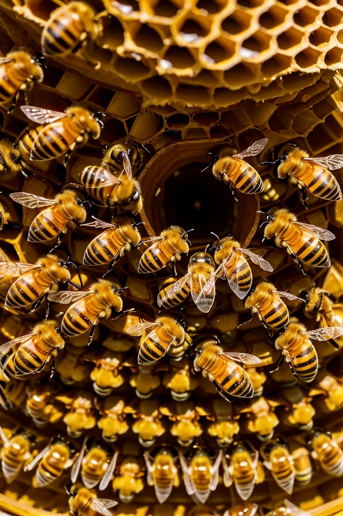 A detailed close-up of honey bees performing the "waggle dance" inside a beehive, with clear movements indicating directions.
