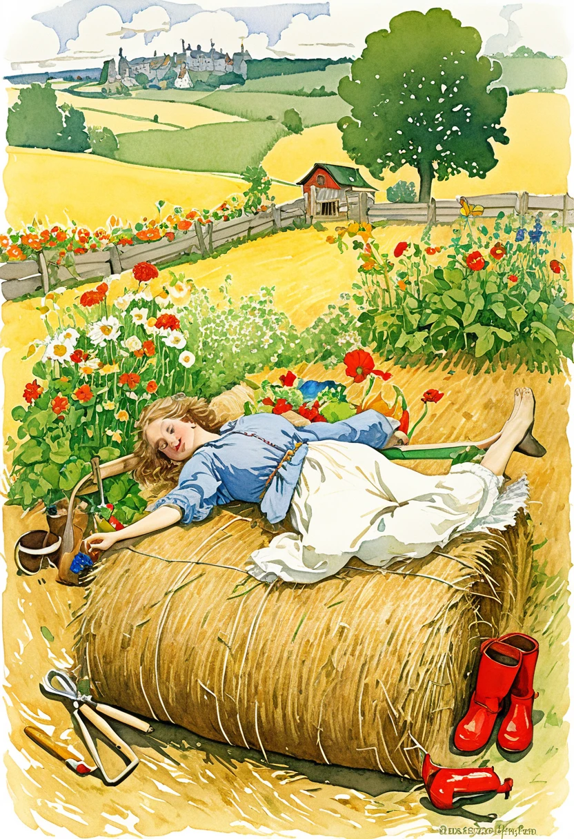 painting of a laying on a hay bale with gardening tools, inspired by Randolph Caldecott, by Barbara Nessim, inspired by Elsa Beskow, inspired by Carl Larsson, illustration”, inspired by Konstantin Somov, storybook illustration, by Mori Sosen, children's illustration, gardening, art for the fool tarot card, by Elsa Beskow