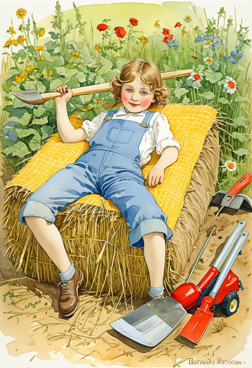 painting of a laying on a hay bale with gardening tools, inspired by Randolph Caldecott, by Barbara Nessim, inspired by Elsa Beskow, inspired by Carl Larsson, illustration”, inspired by Konstantin Somov, storybook illustration, by Mori Sosen, children's illustration, gardening, art for the fool tarot card, by Elsa Beskow