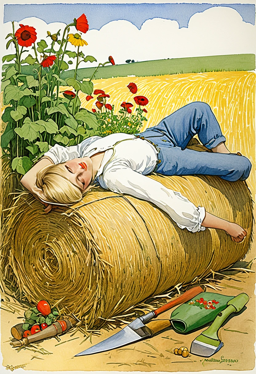 painting of a laying on a hay bale with gardening tools, inspired by Randolph Caldecott, by Barbara Nessim, inspired by Elsa Beskow, inspired by Carl Larsson, illustration”, inspired by Konstantin Somov, storybook illustration, by Mori Sosen, children's illustration, gardening, art for the fool tarot card, by Elsa Beskow