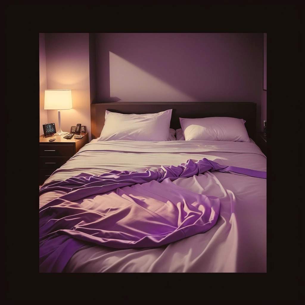 there is a bed with a white sheet and a phone on it, cyberpunk bedroom at night, dimly lit bedroom, dim bedroom, cozy bed, messy bed, 3am, 3 am, bed, in a bedroom, dark bedroom, purple ambient light, ghostly teenager bedroom, room with eerie feeling, cyberpunk teenager bedroom, good night, purple leather dungeon bedroom