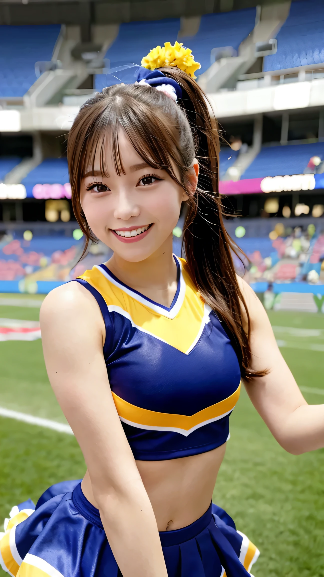 A beautiful cheerleader in a vibrant cheerleading uniform with pom-poms, performing a cheer routine in a stadium, smiling energetically.