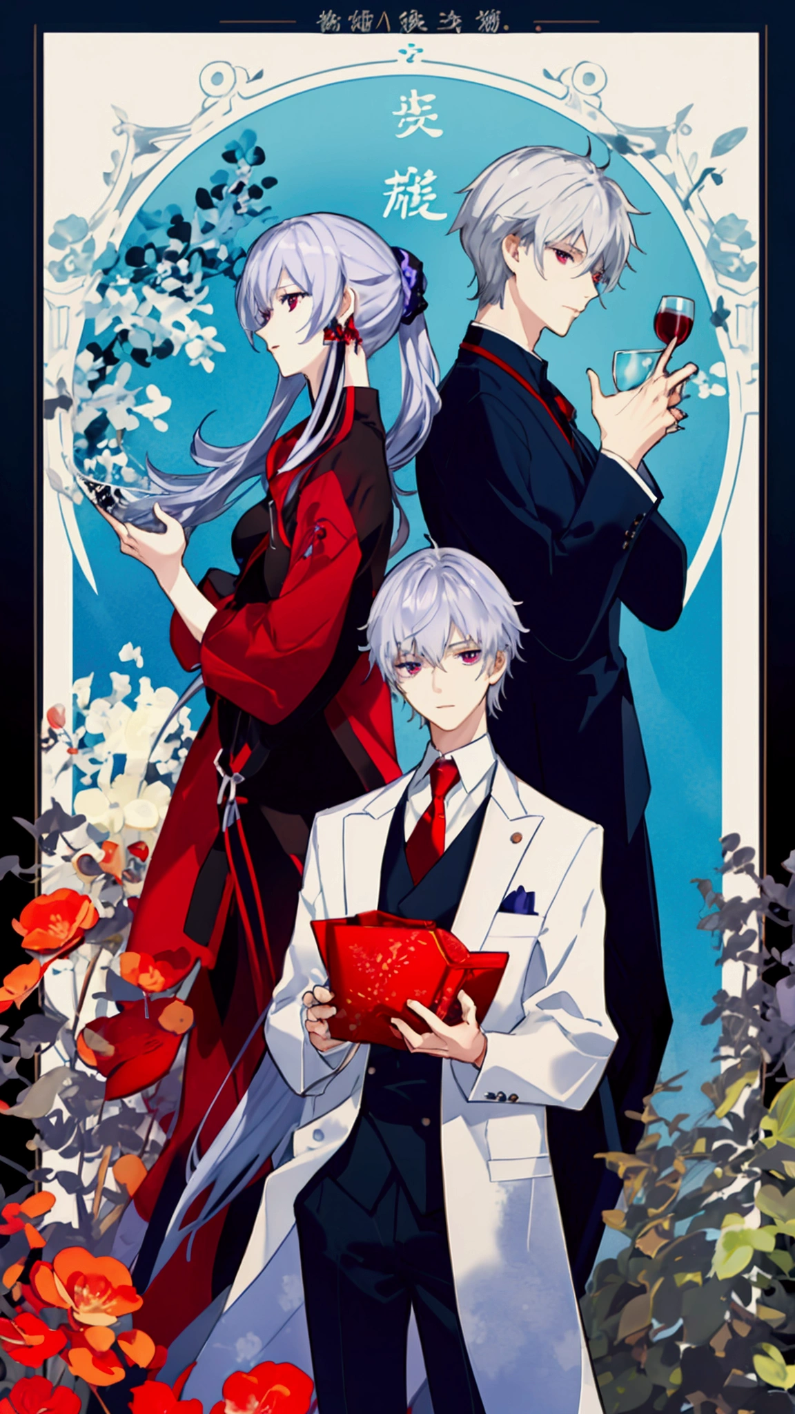 cool成人男性二人。派手なSilver Hair、watercolor、The guy on the right has red eyes、The guy on the left has purple eyes、Silver Hair、There are meshes of various colors in the hair.、holding a wine glass、Wearing a host's suit。cool。delicate。short hair、The nape is long。The color of the nape is red、More clearly。Her hair is short、Same height。Only two people、Both are male。Both are male