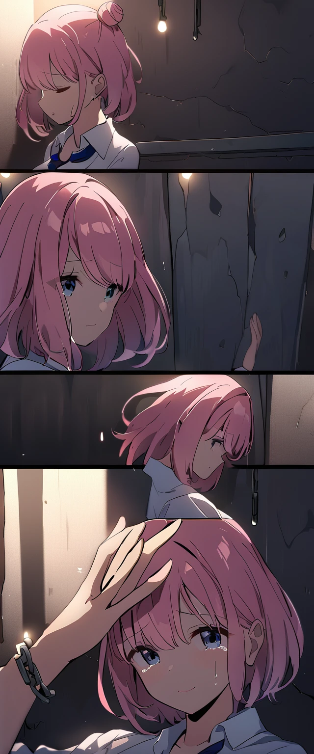 One Girl, Yuigahama Yui, , short hair, Pink Hair, Hair Bun, (Large Breasts),
(Highest quality, High resolution, 4K, Detailed lighting, Shaders),
Chained,
Are crying, Raise the hand,
Concrete Background, Lie in,
School uniforms, Open shirt, The whole body to the toes,