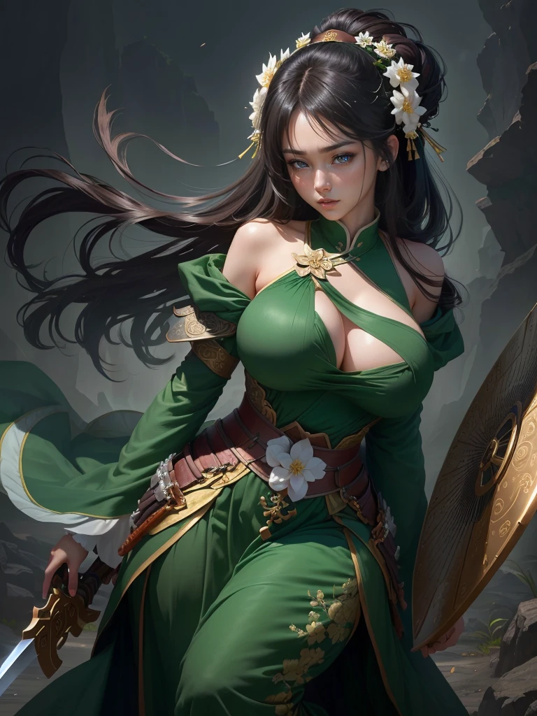 a woman in a green dress holding a sword and a flower, inspired by Li Mei-shu, inspired by Shen Zhou, inspired by Wu Li, inspired by Wu Zuoren, yun ling, inspired by Ju Lian, inspired by Li Tang, full body xianxia, inspired by Qiu Ying, inspired by Lan Ying, xianxia hero, Highly detailed CG unit 8k wallpaper, masterpiece, High resolution, highest quality, highest quality real texture skin, Super Real, Digital Painting, Best image quality, 最High resolution, 8k, ((Highly detailed eyes and face)), 1girl, Beautiful eyes every detail, Full Body Shot, Saggy breasts, Gravity-dependent breasts, long chest, Heavy chest, disproportionate breasts, huge breasts, sagging breasts, gigantic breasts, erect nipple, 