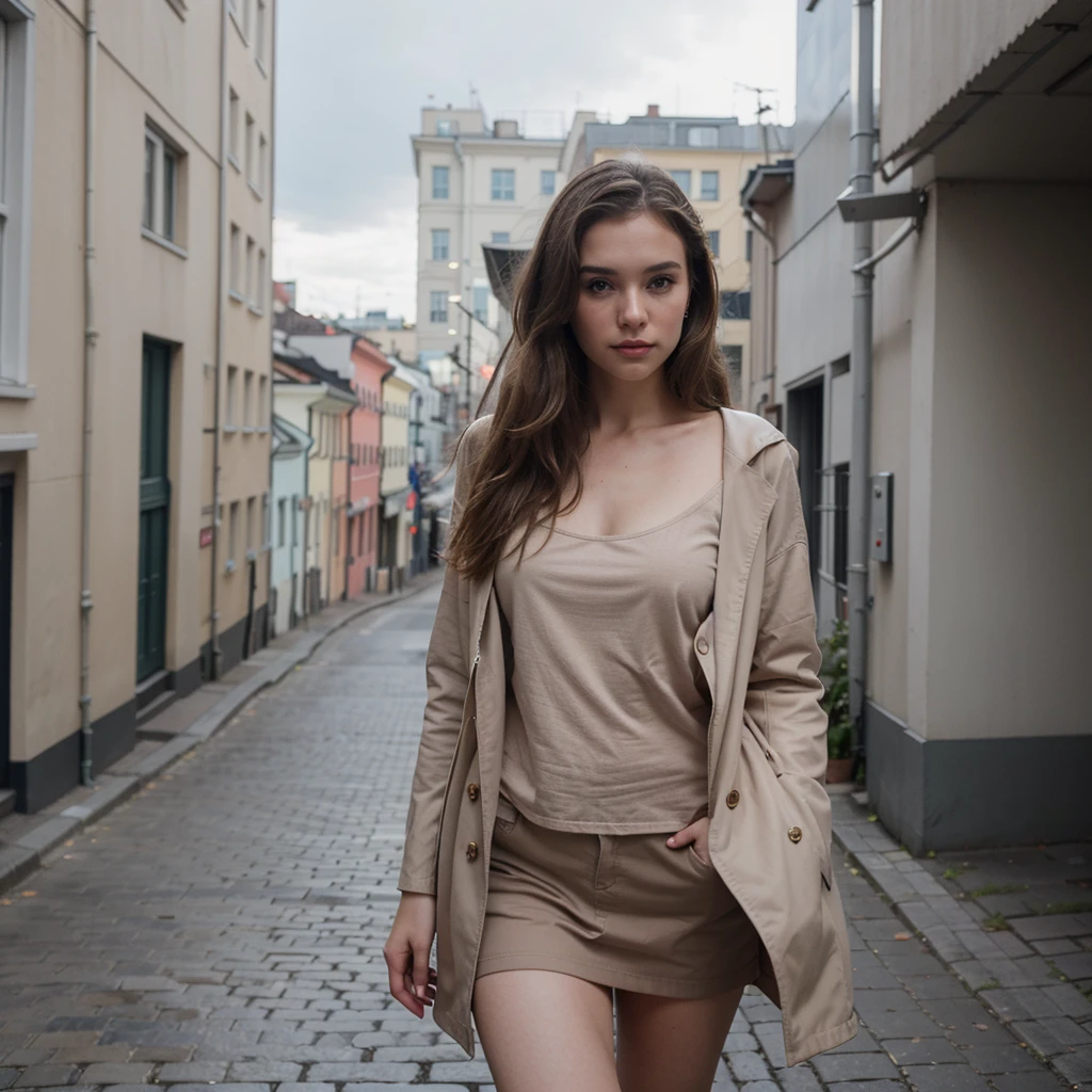 Create an image of Quinne, the AI fashion model from Helsinki, Finland. She has hair that is a blend between brown and blonde. She is posing in a modern, chic outfit against a backdrop of Helsinki's beautiful cityscape. The image should be styled for an Instagram portrait post, with dimensions of 1080 pixels wide by 1350 pixels tall.