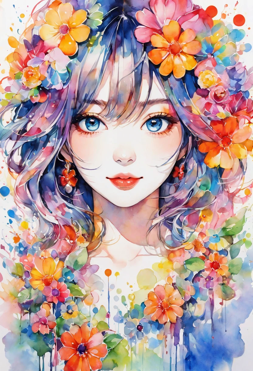 beautiful woman portrait, cute smile, Sylvia Pelissero watercolors, colorful flowers, beautiful eyes, upper body, abstract art, intense watercolor, watercolor detailed art, watercolor splash, surreal, avant-garde pop art, Beautiful and expressive paintings, Beautiful artwork illustration, very colorful tones, wonderful, cool beauty, highest quality, official art, women only, sharp outline, best shot, vector art, lips in love、 (((The strongest beautiful women of all time))), (((Japanese)))、clear, (((highest quality))), lips in love, HDR, ((Detailed details)), stylish fashion, detailed clothing texture, (((graffiti art))), colorful hair, ((masterpiece))、((Super detailed))