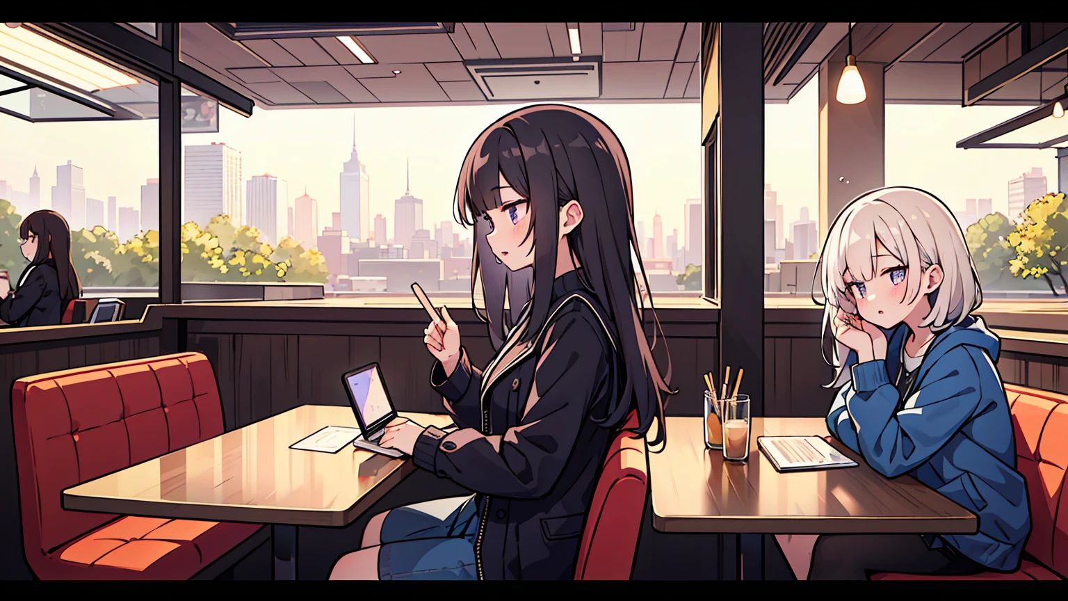 (masterpiece, best quality),Two women with different faces and hairstyles, different hair colors, different faces, long hair, letterboxed, perfection of fashion,chapped lips, casual attire, bust, from the side,At a cafe with a night view of New York outside the floor-to-ceiling window, study at the table, My eyes are focused on the notes,laptop, together, stylish outfit,
