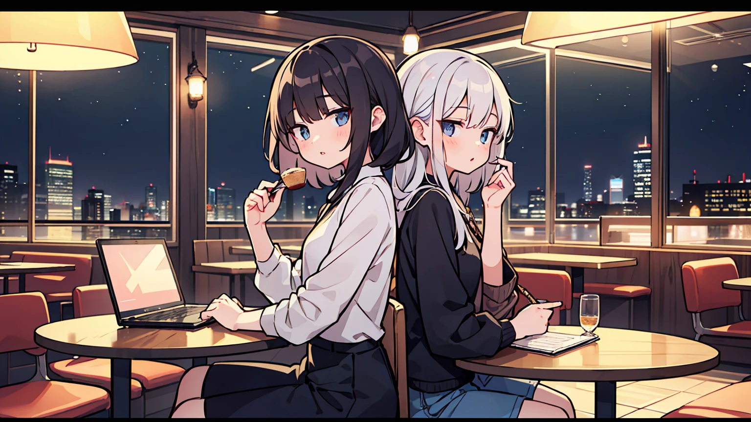 (masterpiece, best quality),Two women with different faces and hairstyles, different hair colors, different faces, long hair, letterboxed, perfection of fashion,chapped lips, casual attire, bust, from the side,At a cafe with a night view of New York outside the floor-to-ceiling window, study at the table, My eyes are focused on the notes,laptop, together, stylish outfit,