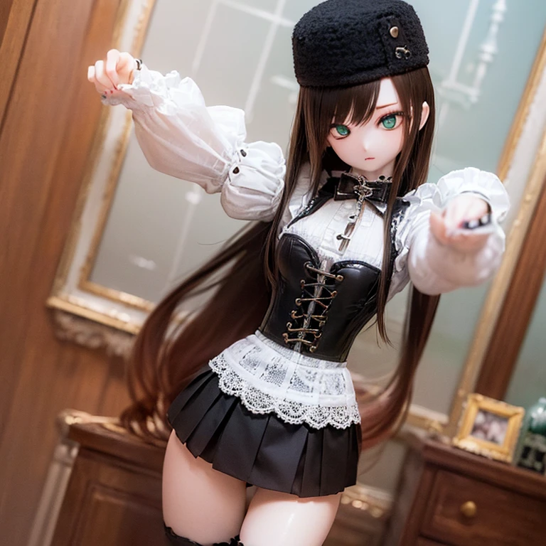 (SFW:2), photorealistic, realistic photo, 8k, ((highest quality)), ((masterpiece)), (extremely detailed), kukolnydom, doll, (mature woman, solo:1.6), ((cowboy shot, dynamic pose, slim, slender, skinny, medium breasts, bowler hat, frilled shirt, puffy sleeves, corset, tiered pannier skirt, thigh-high socks)), (green eyes, brown hair, long hair, plastic skin, looking at another, glass eyes, gradient eyes, shining eyes, detailed eyes:1.3)