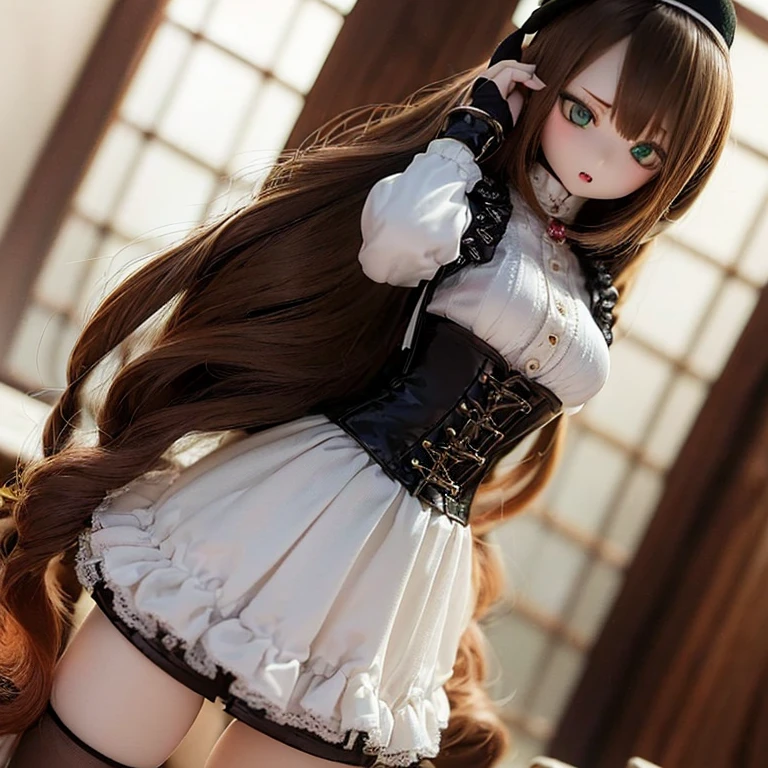 (SFW:2), photorealistic, realistic photo, 8k, ((highest quality)), ((masterpiece)), (extremely detailed), kukolnydom, doll, (mature woman, solo:1.6), ((cowboy shot, dynamic pose, slim, slender, skinny, medium breasts, bowler hat, frilled shirt, puffy sleeves, corset, tiered pannier skirt, thigh-high socks)), (green eyes, brown hair, long hair, plastic skin, looking at another, glass eyes, gradient eyes, shining eyes, detailed eyes:1.3)