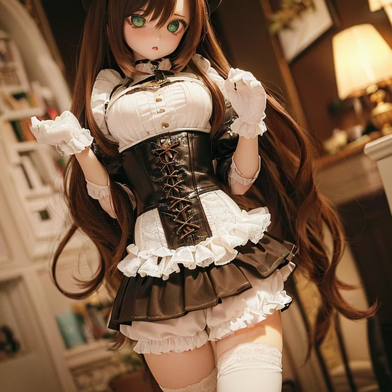(SFW:2), photorealistic, realistic photo, 8k, ((highest quality)), ((masterpiece)), (extremely detailed), kukolnydom, doll, (mature woman, solo:1.6), ((cowboy shot, dynamic pose, slim, slender, skinny, medium breasts, bowler hat, frilled shirt, puffy sleeves, corset, tiered pannier skirt, thigh-high socks)), (green eyes, brown hair, long hair, plastic skin, looking at another, glass eyes, gradient eyes, shining eyes, detailed eyes:1.3)