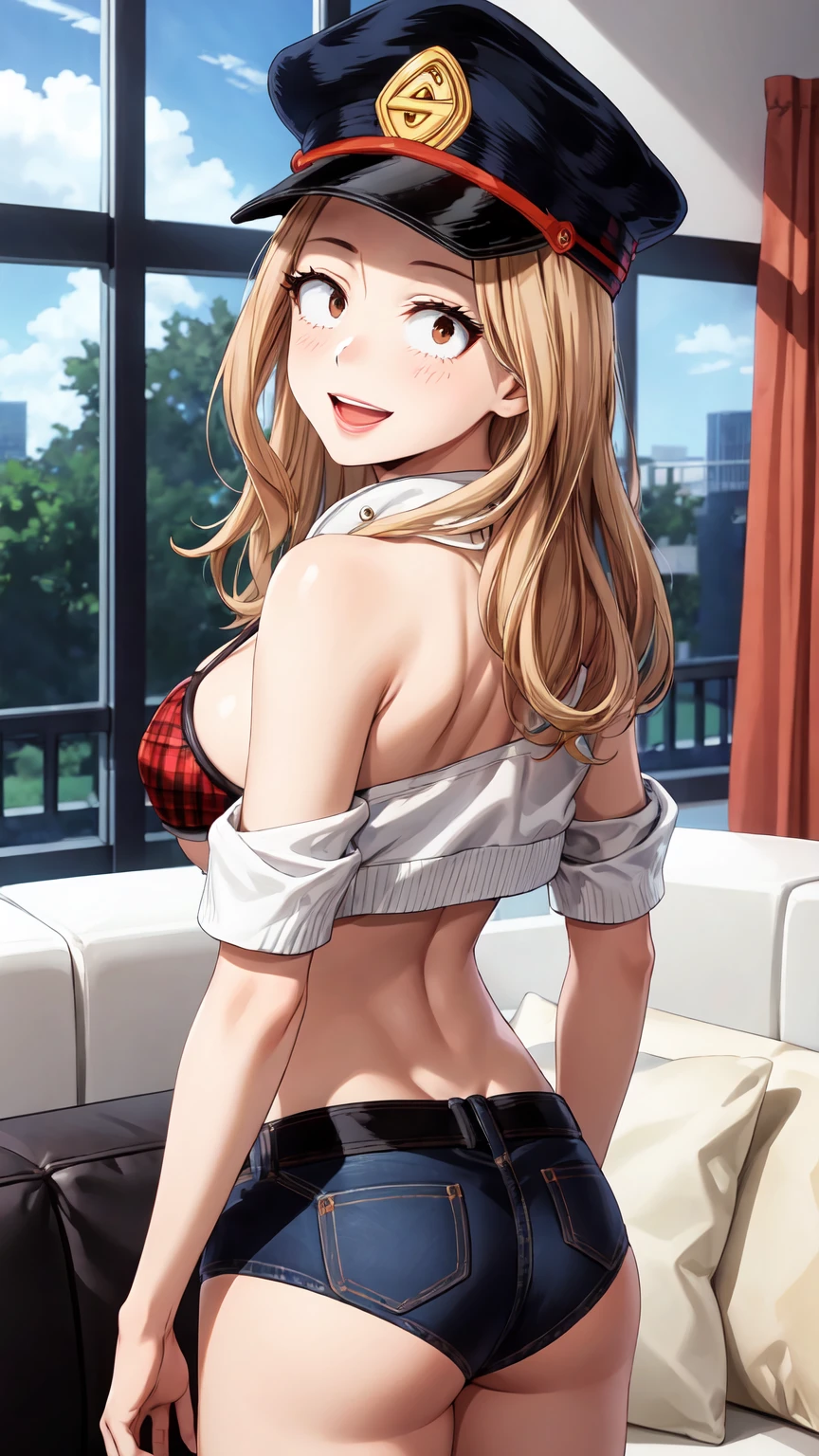 Masterpiece ,best quality , high resolution , (face view , look at view , head back , from back , from behind) , (1 girl solo:1.38) , (camie, long hair, brown hair, brown eyes, peaked cap , lipstick , eyeliner)) , (slim , tall , slender , thin) , (cleavage:1.05) , (big breast:1.06) , (wear bikini , jacket , belly , denim_micro_short , fishnet stockinhs) , (indoor , windows , sofa) , (open mouth , smile , full face blush , shy ) , (standing , thighs ) , (cowboy_shot)