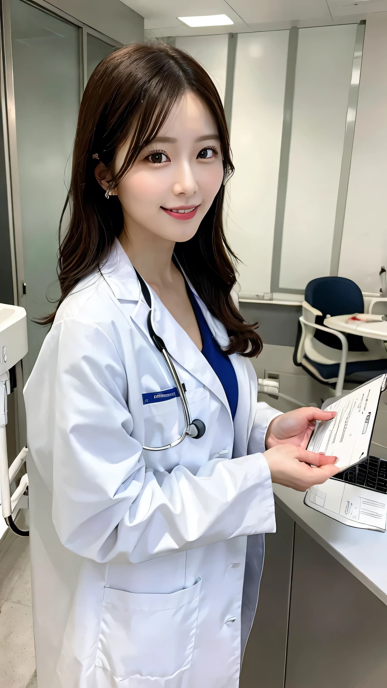 A beautiful female doctor in a white lab coat, holding a clipboard and wearing a stethoscope, standing in a modern hospital setting, with a caring smile.