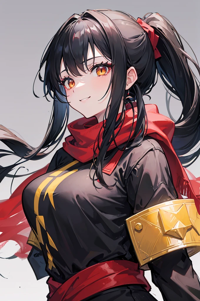 a beautiful young girl with long black hair in a side-up ponytail, wide back of the head, portrait, girl, passionate, radiant smile, golden eyes, red scarf, black short sleeve jacket, b-cup