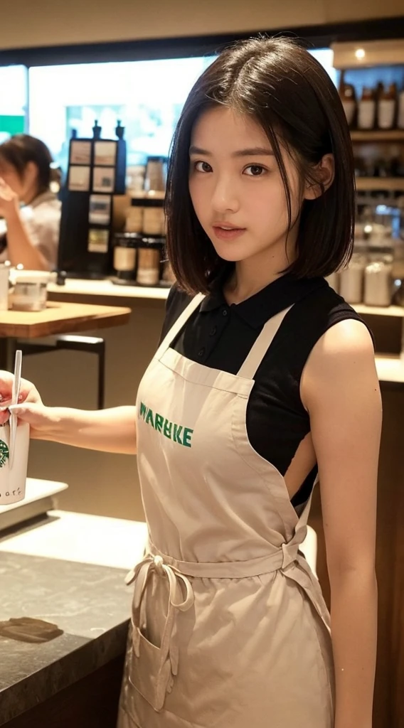 ((beste-Qualit、8k、masterpiece:1.3))、sharp focus:1.2、A beautiful woman with perfect body:1.4、((Layered Haircut、small tits:1.2))、(Starbucks dark green apron)、(Inside the Starbucks store:1.2)、Black polo shirt under apron、Wet Body:1.1、Highly detailed facial and skin texture、 Detailed eye、Double eyelids、sunburnt skin、A sexy、suntanned, nude, naked