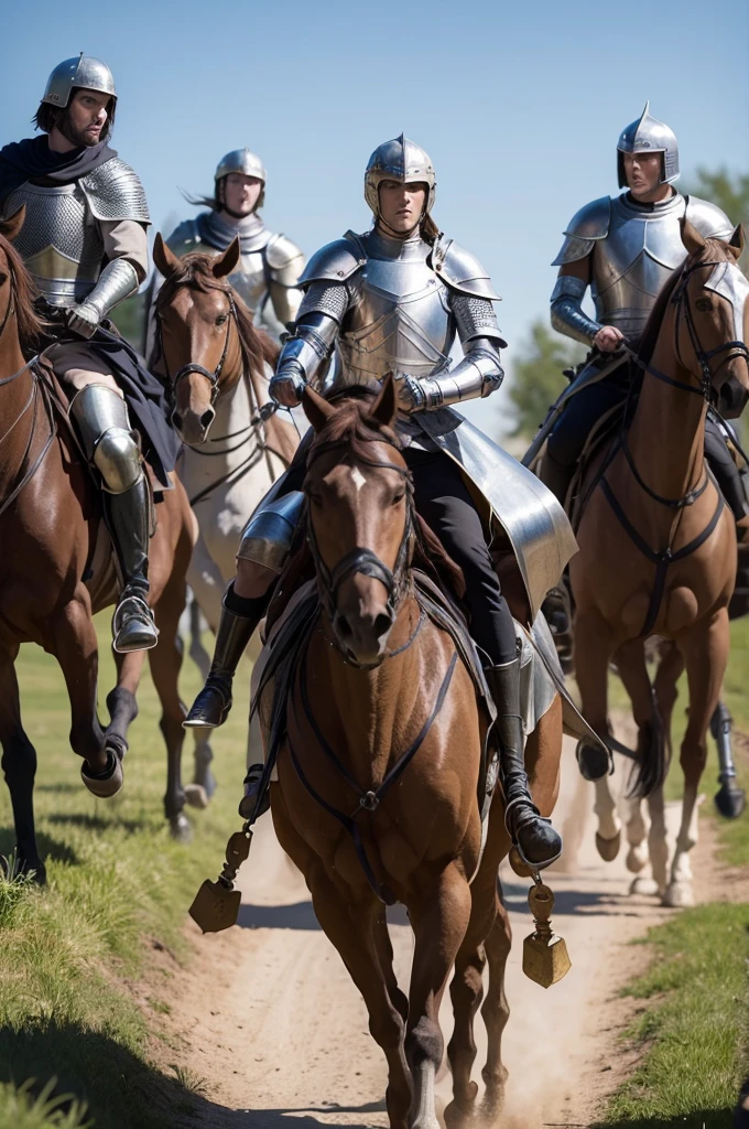 Male medieval knights in combat with other male medieval knights in England in the year 1215.