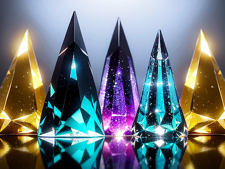 background is very black and dark, no humans, still life, 
(Over 20 colorfull crystals are embedded in 1 ore), 
(the crystal color are red, bule, yellow, gold, silver, pink, grenn, orange, emerald green, clear white, dark green, light blue and purple.)
glass-like transparent crystals, sparkling crystals like diamond, elongated crystals:1.6, (very realistic crystals), 
Fine reflections and structures can be seen inside the crystals, crystals has many cutting edge:0.8,
the most bottom part of the ore is conformed from 10 black crystals, the ore is prickly and rugged,clear image,
