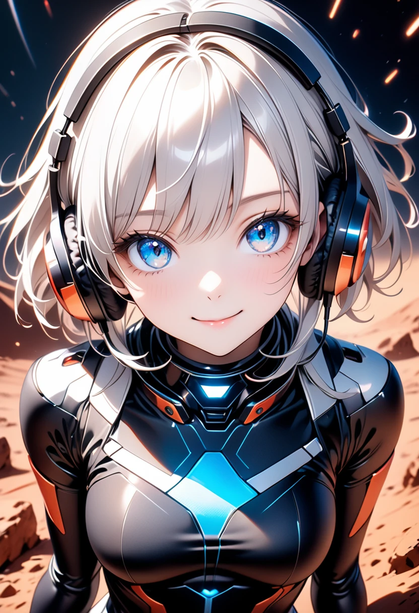 A beautiful silver-haired girl wearing headphones, a sci-fi action set on Mars in the 2500s, a body suit with a black base that emits a glow, a complex pattern that emits light, a smiling face, and blue eyes staring at you. There is., ai-generated,