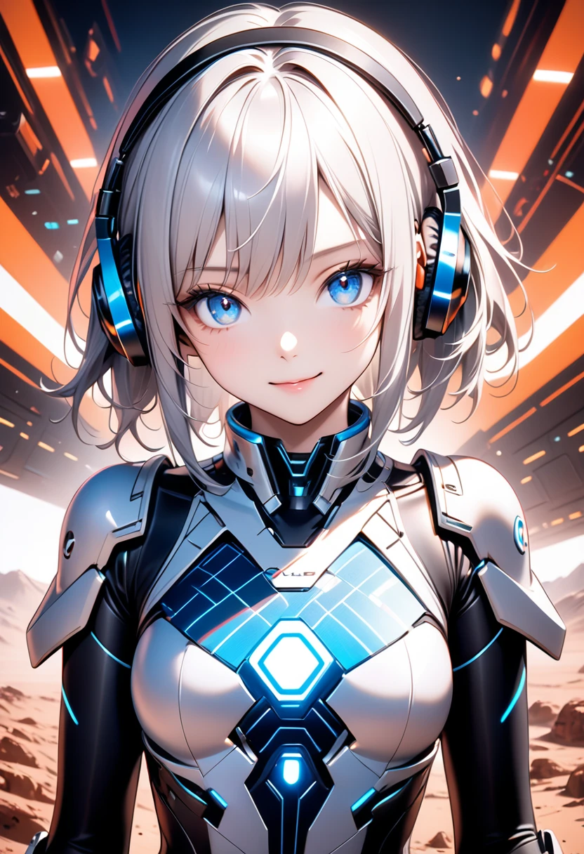 A beautiful silver-haired girl wearing headphones, a sci-fi action set on Mars in the 2500s, a body suit with a black base that emits a glow, a complex pattern that emits light, a smiling face, and blue eyes staring at you. There is., ai-generated,