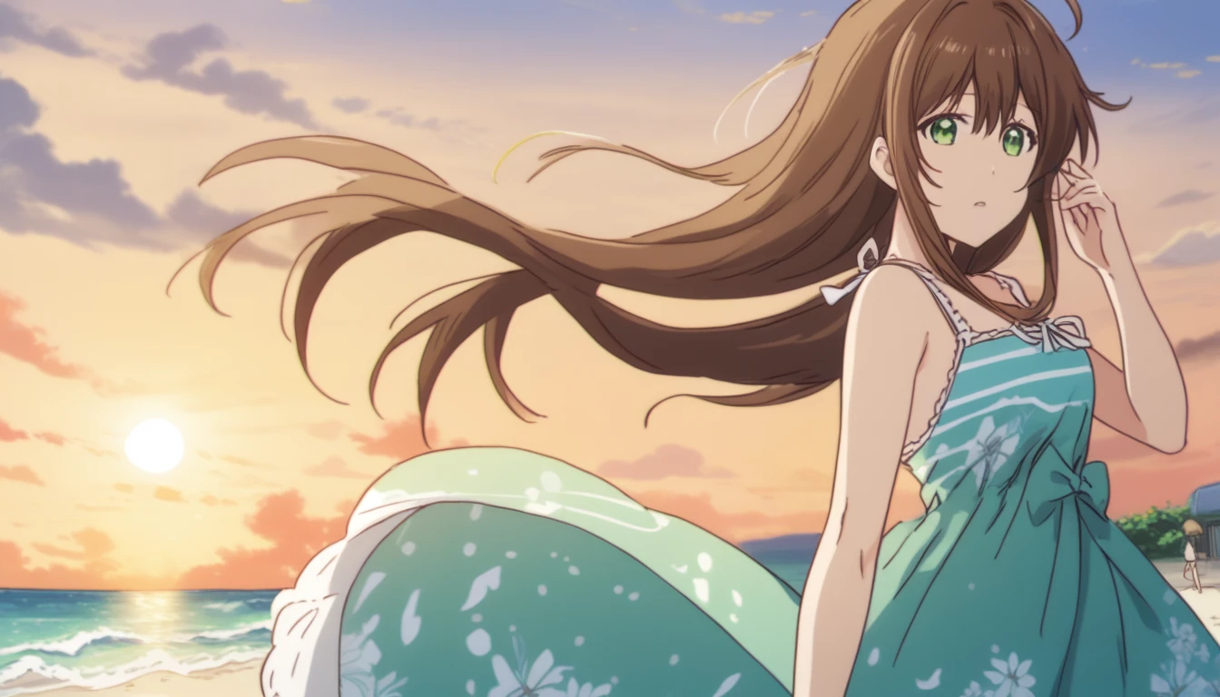 Hina Tachibana, long hair, brown hair, green eyes, Summer Dress, long dress, Beach, wind, pleasure, sunset, hat
