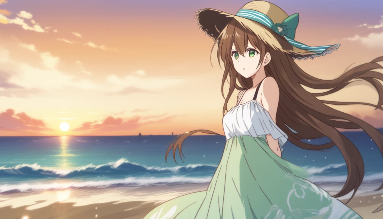 Hina Tachibana, long hair, brown hair, green eyes, Summer Dress, long dress, Beach, wind, pleasure, sunset, hat
