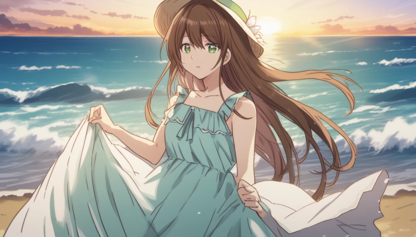 Hina Tachibana, long hair, brown hair, green eyes, Summer Dress, long dress, Beach, wind, pleasure, sunset, hat
