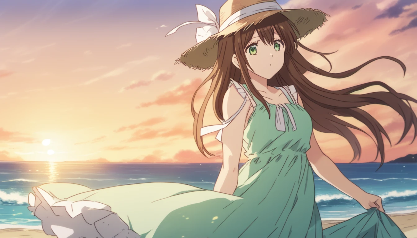 Hina Tachibana, long hair, brown hair, green eyes, Summer Dress, long dress, Beach, wind, pleasure, sunset, hat
