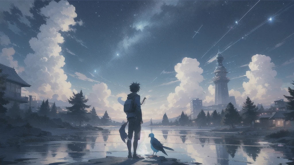 真っ暗なnight空,Octane, star (null), scenery, Blue parakeet,The acoustic guitar is in front of the body.,star, night, A girl and a boy standing back to back, Back view, alone, Outdoor, city,river,Blue parakeet,building, cloud, 天のriver,silhouette