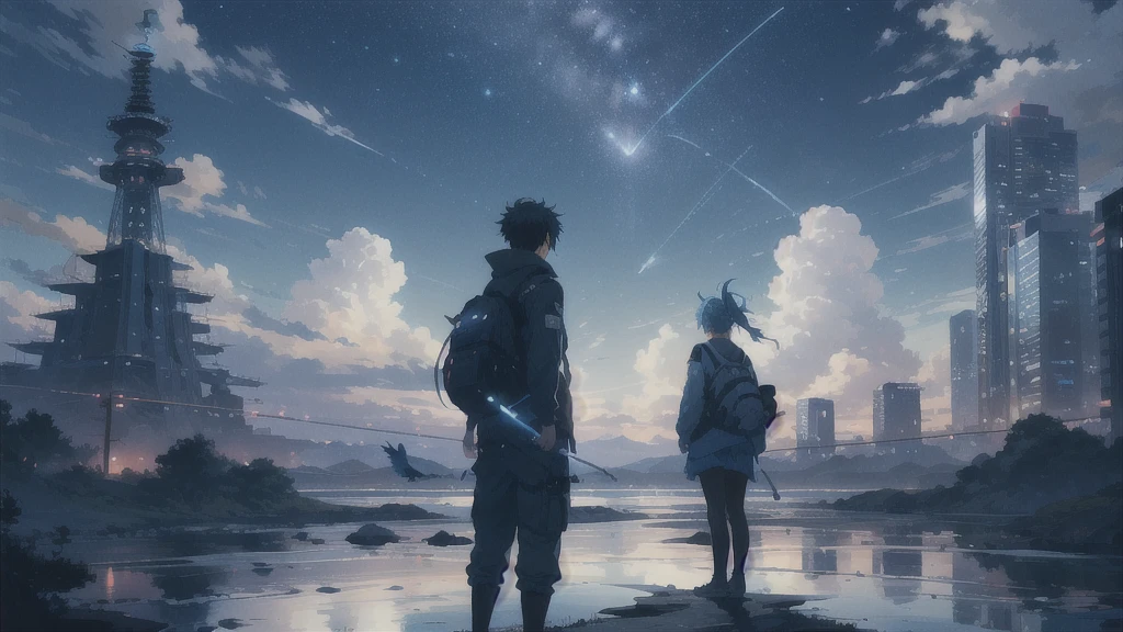 真っ暗なnight空,Octane, star (null), scenery, Blue parakeet,The acoustic guitar is in front of the body.,star, night, A girl and a boy standing back to back, Back view, alone, Outdoor, city,river,Blue parakeet,building, cloud, 天のriver,silhouette