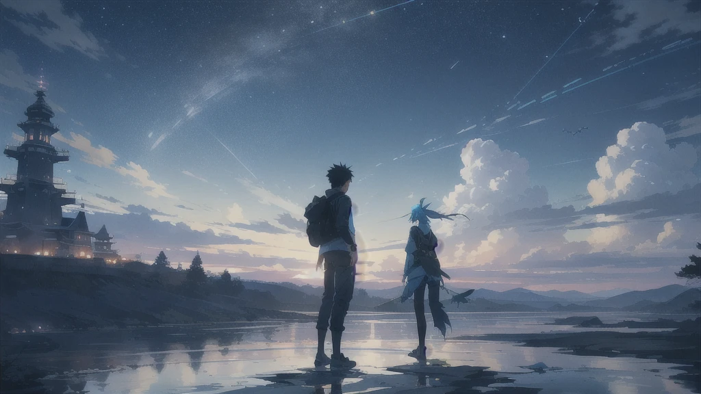 真っ暗なnight空,Octane, star (null), scenery, Blue parakeet,The acoustic guitar is in front of the body.,star, night, A girl and a boy standing back to back, Back view, alone, Outdoor, city,river,Blue parakeet,building, cloud, 天のriver,silhouette