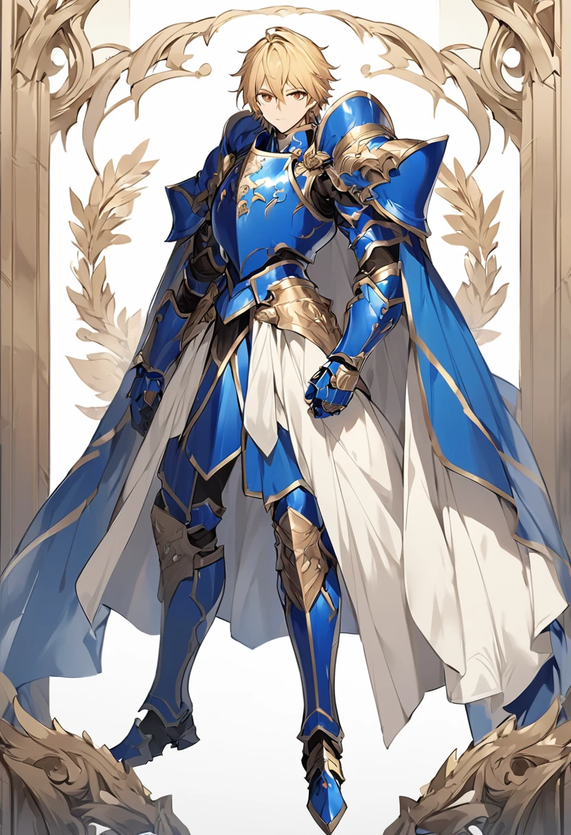 a male anime character is dressed in blue armor, 1boy, blue armor, male focus, reddish-brown eyes, blonde hair, shoulder armor, looking at viewer, breastplate, cape, pauldrons, closed mouth, hair between eyes, full body, full body shot, standing, white background, Create an illustration of a brave knight with an innocent face, characterized by fair skin, blonde hair, and reddish-brown eyes. The knight is wearing blue armor that covers his entire body, making him look both regal and powerful. He is carrying a large sword that is as tall as he is, emphasizing his strength and readiness for battle. but the focus should be on the knight's detailed armor
