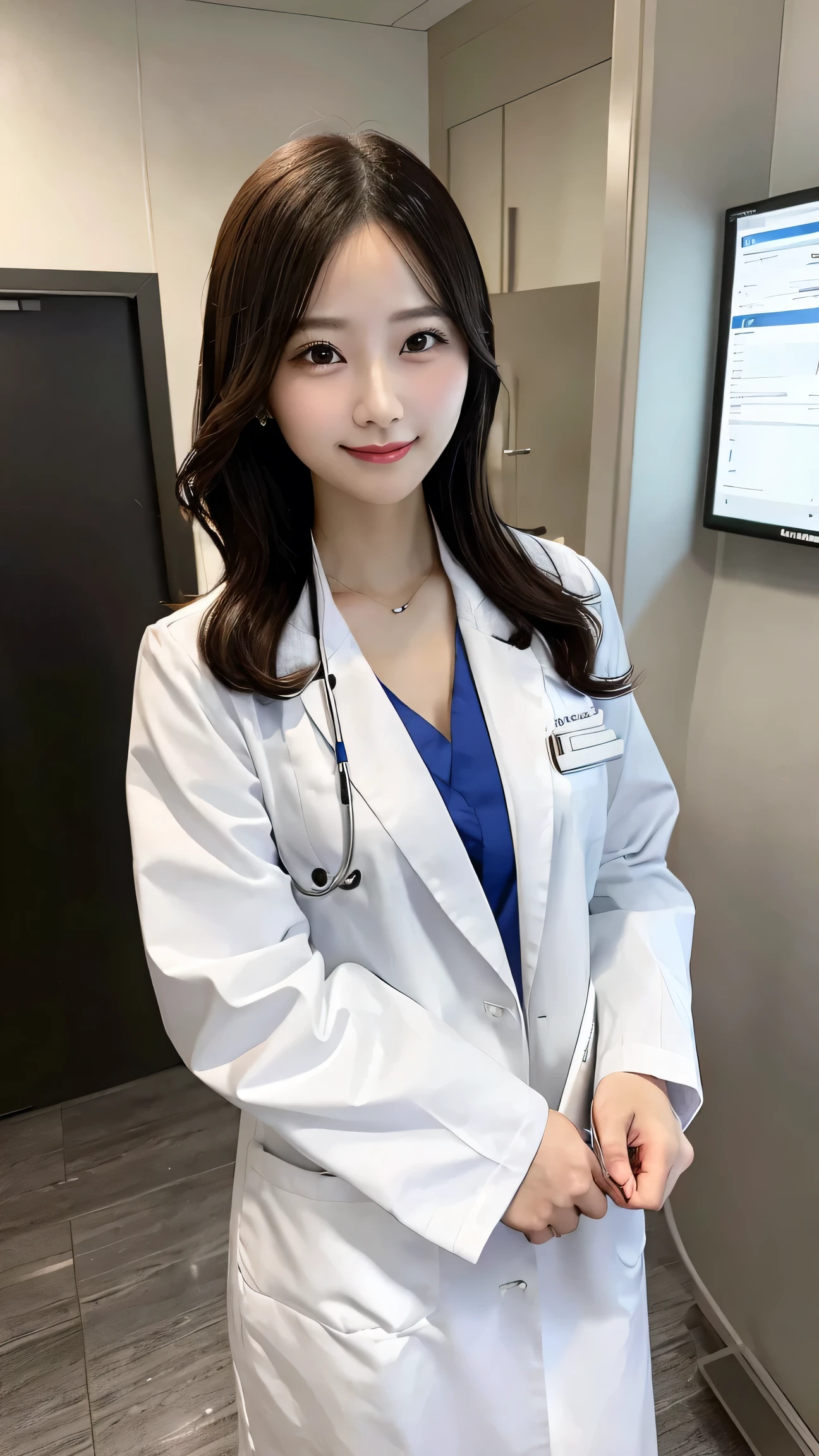 A beautiful female doctor in a white lab coat, holding a clipboard and wearing a stethoscope, standing in a modern hospital setting, with a caring smile.