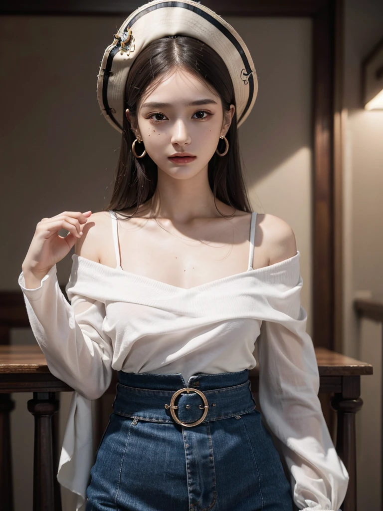 absurdres, RAW photo, extremely delicate and beautiful, masterpiece, Best Quality, ultra high resolution, 32k, hyperrealistic, ultra-detailed, perfect anatomy, super Detailed skin, perfect figure, Super Beauty, Perfect Style, Perfect balance, Beautiful Lighting, Perfect Lightning, Realistic Shadows, 20 years old, very Slim body, narrow waist, very small head, very small face, delicate facial features, handsome detailed woman, very detailed eyes and face, realistic face proportions, Realistic beautiful face, Realistic beautiful eyes, tearful mole, earring, very huge round breasts, legs, medium hair, ((full body shot)), indoor, (Practical pirate clothing), Long-sleeved pirate top, Skirt,Torn pirate hat,